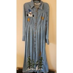 Vintage DKNY Denim Shirt Dress 10 (4/6) Button Painted Winter Country Primitive